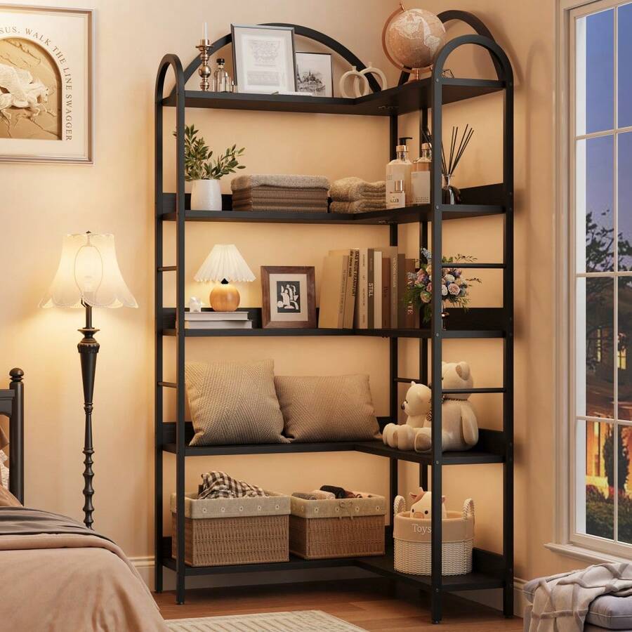 Estantería esquinera tipo L con arco – Librero industrial de 5 niveles – Marco metálico estable y estante amplio – Ideal para oficina, sala o dormitorio – Independiente, fácil de colocar - Negro - Ver 1