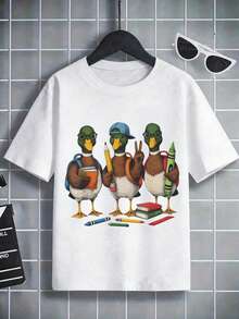 Boys White Short Sleeve T-Shirt With Three Cartoon Ducks In Hats, Pencils And Books Print - White - View 5