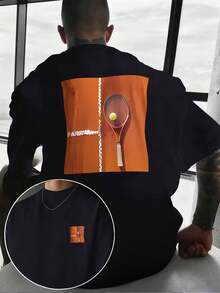 [%CottonDoubleSidedPrint]NewSummerCasualMen's,CrewNeck,ShortSleeves,TennisRacketBagPrint,SportsStyleForTennisLovers,Print - 黑色 - 查看 2