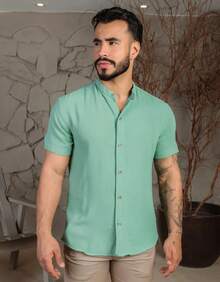 Men's Short Sleeve Shirt With Priest Collar, Premium Quality, Light And Fresh Fabric, Easy To Iron, Summer , End Of Year And Beach - 青檸色 - 查看 1