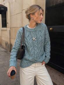 2026 Autumn/Winter Cable Knit Pullover Sweater Coat Inner Layer Design Soft Plush Faux Fur Top For Women - Mint Blue - View 1