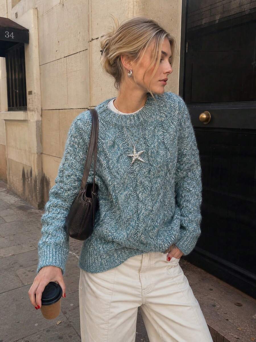 2026 Autumn/Winter Cable Knit Pullover Sweater Coat Inner Layer Design Soft Plush Faux Fur Top For Women - Mint Blue - View 1