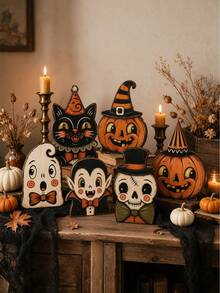 6pcs Vintage Halloween Indoor Decor, Retro Wooden Block Bookshelf Decorations, Cute Ghost, Pumpkin, Black Cat, Skeleton, Witch Owl, Housewarming Gift - Multicolor - View 6