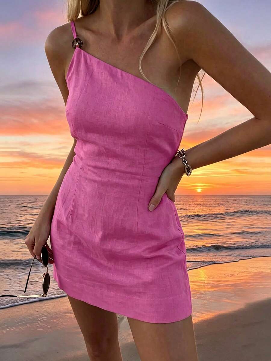 Women's Bohemian Pink Mini Slip Dress, Sleeveless Design, Asymmetric One-Shoulder Neckline, Ring Strap Detail - Hot Pink - View 1