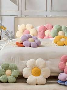 1pc Solid Color 6-Petal Flower Shaped Plush Decorative Pillow, Soft Ribbed Texture Filled Cushion, Suitable For Sofa, Bed, Bedroom And Living Room Decor, Cozy Home Arrangement And Housewarming Gift - Multicolor - View 3