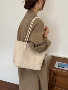 1 Piece Of Solid Color Large Capacity Woven Pattern Women's Bag, Fashionable And Versatile, Suitable For Women Commuting To Work Under The Armpit - White - View 2