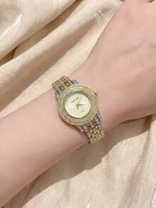 Women's Small Gold Watch With Full Rhinestones, Double-Layered Rhinestone-Encrusted Outer Ring With Radial Pattern Dial, Elegant Gold-Tone Steel Band Quartz Watch, INS Style Versatile For Party And Daily Wear, High-End Decorative Wristwatch For Date, Holiday Gift Accessory, 1pc/Set - Gold - View 9
