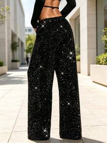 Women's Sequined Wide Leg Pants, Drawstring Elastic Waistband Shiny Loose Straight Leg Pants, Party, Concert, Carnival Outdoor Outfits - Black - View 2