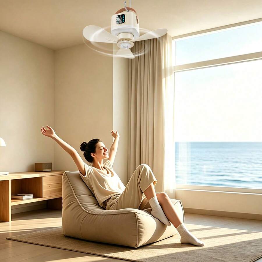 Quạt di động - Quạt cắm trại có điều khiển từ xa, hẹn giờ, điều chỉnh tốc độ, quạt để bàn, quạt treo nhỏ ngoài trời có đèn, 4 tốc độ, 3 chế độ đèn - Phiên bản nâng cấp - Xem 1