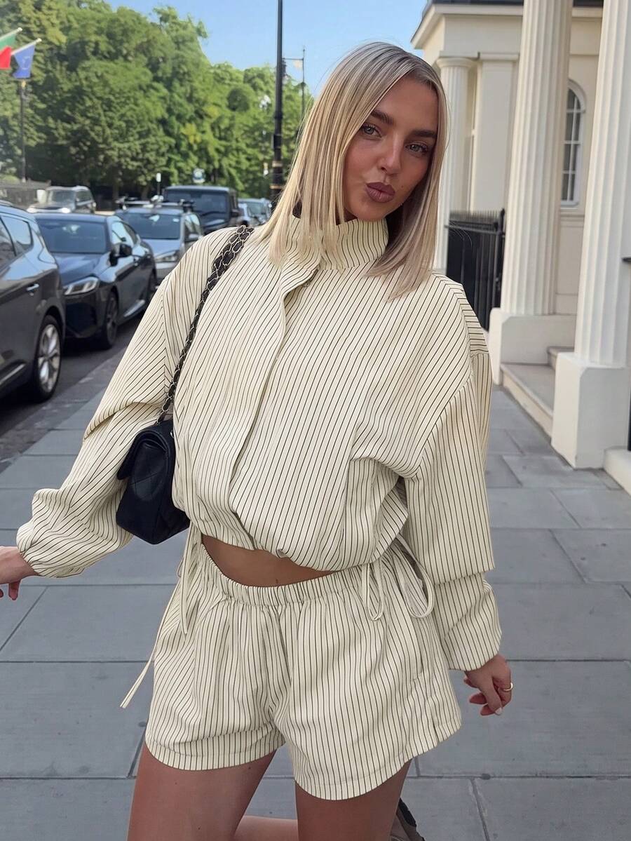 VIBEWAVE Spring/Autumn Daily Commute Beige Fine Striped Mock Neck Cropped Drawstring Top + High Waist Wide Leg Shorts 2 Pieces Set, Slouchy Loose Casual Outfit - Light Yellow - View 1