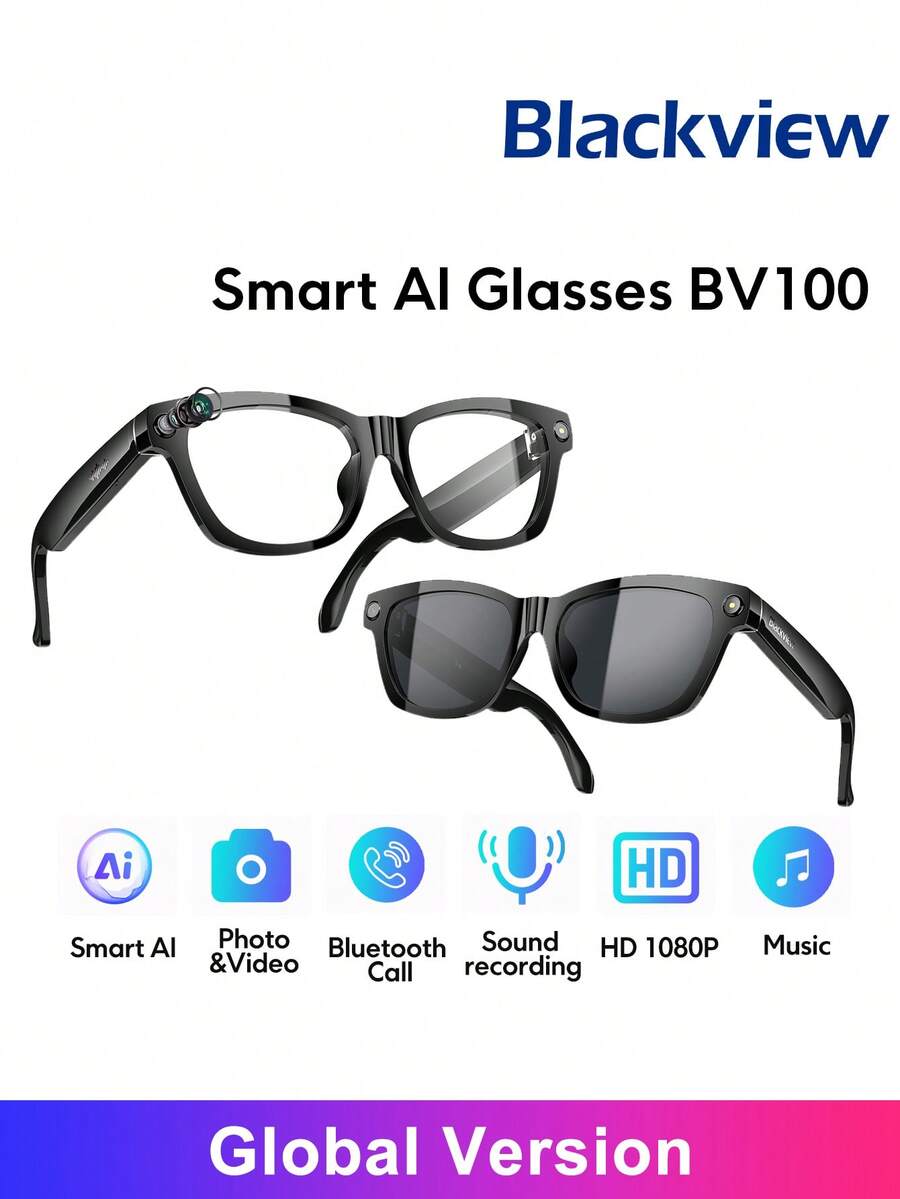 Blackview BV100 AI 智慧眼鏡，配備 8MP 鏡頭、藍牙通話與語音助理、1200P 影片錄製、開放式立體揚聲器與降噪麥克風，藍牙 + Wi-Fi 雙模連接智慧型手機，最高 5 小時音訊播放 - 查看 1