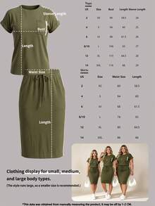 Setelan 2 Potong Wanita Terbaru: Kaos Lengan Pendek Leher Bulat dan Rok Panjang Sedang dengan Pinggang Elastis, Cocok untuk Musim Semi, Musim Panas, dan Musim Gugur yang Elegan. - Hijau Tentara - View 10