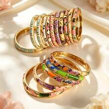 5/3/1pc Random Color & Style Vintage Boho Enamel Floral Leaf Bracelet Set Elegant Multicolor Metal Bangle Statement Jewelry For Women - Multicolor - View 2
