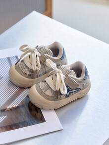 Children's Beige Plaid Athletic Shoes - Soft Non-Slip Sole, Star Detail, Comfortable For Toddler Walking - Beige - View 2