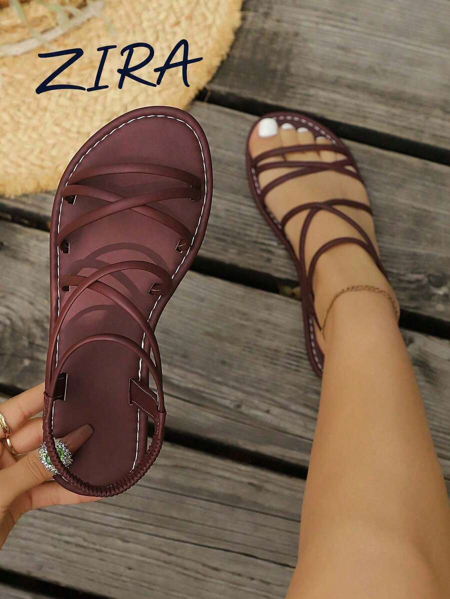 Zira 春夏新款時尚涼鞋,露趾圓頭交叉帶羅馬風平底透氣百搭,適合搭配裙裝,適合日常通勤,黃色涼鞋、酒紅色涼鞋 - 酒紅色 - 查看 1