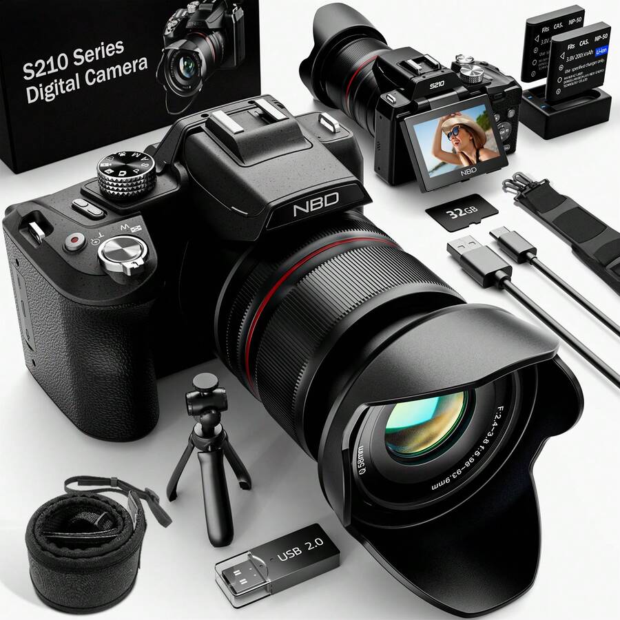 NBD 5K&64MP Digital Cameras For Photography, 16X Optical Zoom Camera With WiFi & App Control, Vlogging Camera With 180°Flipable 3-Inch Screen, Auto Focus,Bag,2 Batteries,Camera Strap&32GB Card
