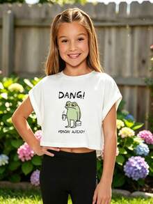 Tween Girls'  Cotton Cropped Cuffed Sleeve Tee, Graphic Print,  Cute Sweet Preppy Girl Style - White - View 3