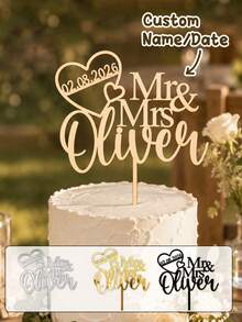 Customized Wedding Cake Topper, Personalized Mr & Mrs Name And Date Decoration, Anniversary Party Centerpiece, Suitable For Bridal Shower, Engagement, Reception Celebration Wedding Gift - Style D - View 1