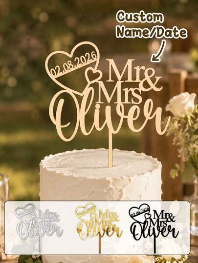 Adorno de Tarta de Boda Personalizado, Decoración Personalizada con Nombre de Sr. & Sra. y Fecha, Decoración de Tarta Elegante y Romántica, Centro de Mesa Personalizado para Fiesta de Aniversario, Regalo de Boda Personalizable con Nombre, Despedida de Soltera, Compromiso, Recepción y Celebración del Día de San Valentín