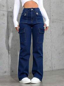 Women Jeans - 深色水洗藍 - 查看 2