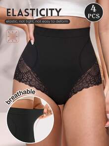 MEIYATING 4pcs High Waist Tummy Control Butt Lifting Seamless Lace Pattern Triangle Panties For Women - Multicolor - View 3