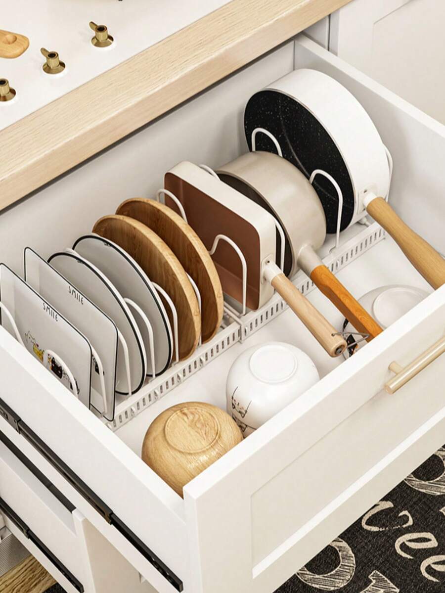 Expandable Kitchen Cookware/Kitchen Utensil Storage Rack/Organizer, Vertical Storage Stand Suitable For Countertop And Drawer Cabinet (Can Store Pot Lids, Frying Pans, Baking Trays, Plates, Cutting Boards), Multi-Functional Cabinet Organizer, Space-Saving Kitchen Storage Solution (Suitable For Countertop, Pantry, Cabinet), White Kitchen Storage Accessory, Multi-Slot Vertical Design Keeps Kitchen Utensils Tidy, Suitable For Home Kitchen, Apartment, RV And Small Space Countertop, Independent Vertical Cookware Rack, Multi-Functional Kitchen Essential For Organizing Pot Lids, Frying Pans, Baking Trays And Tableware. - Multicolor - View 1