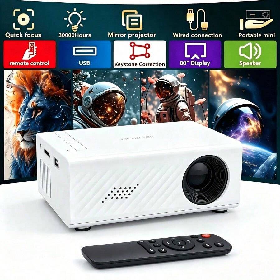 Proyector portátil, compatible con 1080P, conexión USB, control remoto - Compatible con smartphones, tablets, laptops, sticks de TV y unidades USB, instalación de escritorio, control por botones, entrada HDTV, resolución nativa 720P (Sin Bluetooth, Sin WiFi) - Blanco - Ver 1