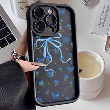 1pc [Pure Android Version] Blue Butterfly Flower Cute Personalized Minimalist Bow Flower Ins Gentle Style European & American Party Girls Beautiful Vintage Blue Small Floral, Matte Black Lens Frame Stepped Design Full Coverage Anti-Drop Soft Shell, [International Version Not Local Version] Suitable For Android/GALAXY/A/S/FE/PLUS/ULTRA/PRO/NOTE/POCO/X/Transsion/HOT/PLAY/SPARK/POP/SMART/RENO/Honor/E/G/Phone Case - Multicolor - View 3