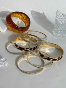 8件組豹紋金屬混樹脂寬版手鐲套組，酷炫街頭風女款飾品，適合音樂節派對 - 彩色 - 查看 7