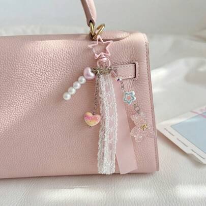 Korean Style Sweet Bear Keychain - Heart Bow Lace Ribbon Pendant, Cute Bag Accessory For Girls, Phone Charm Gift