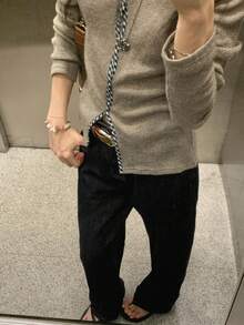 Women's Relaxed Fit Grey Cinched Waist Long Sleeve Knit Sweater, Loose Slimming Versatile Base Layer Top For Autumn - Picture Color - View 2