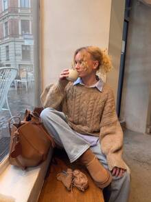 Cable Knit Drop Shoulder Oversized Sweater, Apricot Beige Long Sleeve Crew Neck Loose Cropped Pullover Fall Knit Jumper#Fdoc - Camel - View 3