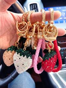 1pc Rhinestone Strawberry Keychain, Braided Strap Fruit Charm, Gold-Tone D-Ring Clasp Keyring, Cute Bling Kawaii Bag Pendant Accessory Gift For Women - Multicolor - View 1