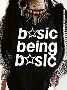 Plus Size Women 100% Cotton Crew Neck Tee, Basic Being Basic Star Letter Print, Casual Summer Short Sleeve For Commute Outing Vacation Daily Wear - 黑色 - 查看 10