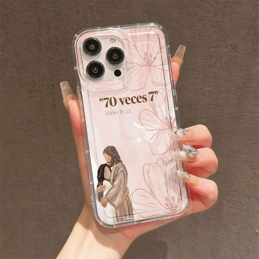 1PC Pink Gradient Flower Jesus Pattern Transparent Air Cushion TPU Phone Case, Compatible With Apple 17 16 15 14 13 12 11 Plus Pro Max Series, Personalized Ins Style Protective Cover, Fashion - Multicolor - View 1