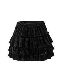 Rok Mini Wanita Minimalis Seksi Warna Polos Beludru untuk Musim Gugur/Dingin, Rok Mini A-Line Berenda dengan Detail Patchwork dan Rumbai di Bagian Bawah, Warna Hitam - Hitam - View 7