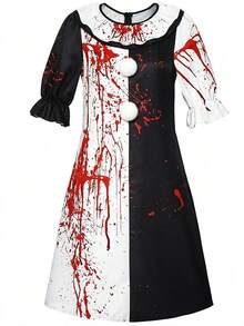 Girls' Casual Horror Vampire Clown Short Sleeve Color Block Dress Costume Outfit Cosplay Halloween Carnival Night - Black and White - View 9