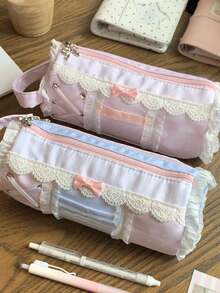 Cute Lace Pencil Case With Ruffled Bow Decoration Stationery Bag, Large Capacity Handheld Pencil Case, Multifunctional Portable Brush Storage Bag - Multicolor - View 8