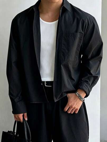 Men's Spring/Autumn Loose Short Casual Daily Office Commute Minimalist Versatile Solid Color Long Sleeve Shirt