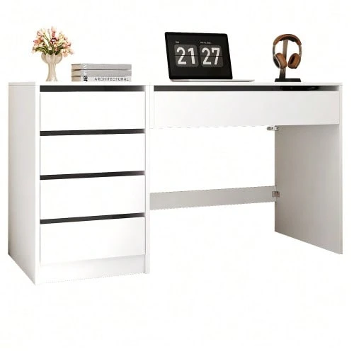 120*50*78–92 Cm, Height-Adjustable Desk With 4 Drawers – White Dressing Table And Computer Desk In One, With Manual Height Adjustment And Hidden Storage, Desk, Dressing Table - 白色 - 查看 1