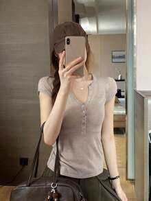 Soft & Versatile V-Neck Knit T-Shirt Women's New Korean Style Slim Fit Flattering Button Short Sleeve Top Summer - Oatmeal - View 1