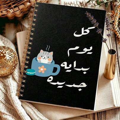 1pc A5 Spiral Notebook, Kawaii Cat In Blue Mug Motivational Phrase Cover Diary, Back To School Essential, Learner Notepad, Daily Record Planner, Sweet Cartoon School Stationery