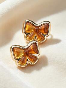 1 Pair Sweet Style Dopamine Resin Gold-Rimmed Bow Stud Earrings For Women, Daily Commute, Date, Versatile Earrings (Non-Metal Parts Are Handmade Drip Glue Gradient Craft, Each Earring Has Slight Differences In Color Depth And Pattern, Cannot Be Perfectly Identical, Which Is Normal) - Yellow Gold - View 9