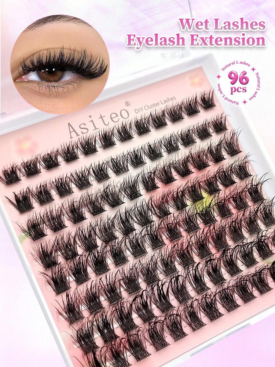 Asiteo 96pcs D Curl Wet Lash Clusters, Moisturizing Eyelash Clusters, Fluffy Voluminous Single Lash, Soft & Comfortable, Convenient For Home DIY - D - View 1