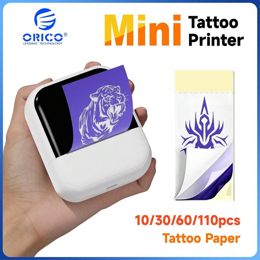 ORICO-Mini Portable Tattoo Printer, Temporary Tattoo Transfer Machine, Dual Function Tattoo And Label Printing, Includes 10 Sheets Of Tattoo Transfer Paper, Pocket Size, Inkless, Lightweight, USB Connection, Rechargeable, High Definition Easy To Use, Available In Multiple Sizes To Meet Tattoo Enthusiasts' Needs, Tattoo Paper Size 1.97'' Wide X 5.12'' Long.
