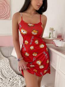Noctvar OBM Sleepwear X Garfield 1 buah Gaun Tidur Camisole Motif Kartun Wanita, Musim Semi/Panas - Merah - View 5
