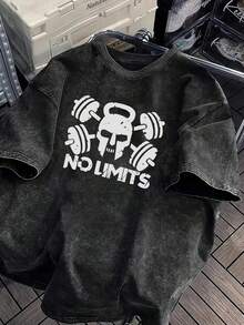 [24h Versand aus DE/FR/ES] 230G Schwergewicht 100% reines Vintage-gewaschenes schwarzes T-Shirt, Unisex, locker geschnitten mit NO LIMITS Grafik, Hantel- und geometrischen Mustern.Kurzarm-Trainings-T-Shirt mit - A - Übersicht 3