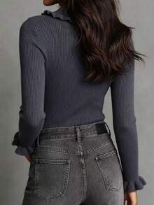 2026 Autumn New Frill Trim Polo Collar Knitted Slim Fit Vertical Ribbed Ruffle Cuff Flattering Versatile Long Sleeve Inner Layer Top - Dark Grey - View 5