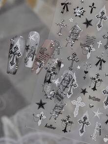 1pc Metal Nail Art Sticker, New DIY Dark Style Hot Girl Nail Decal With Lace Cross Decoration - Multicolor - View 6