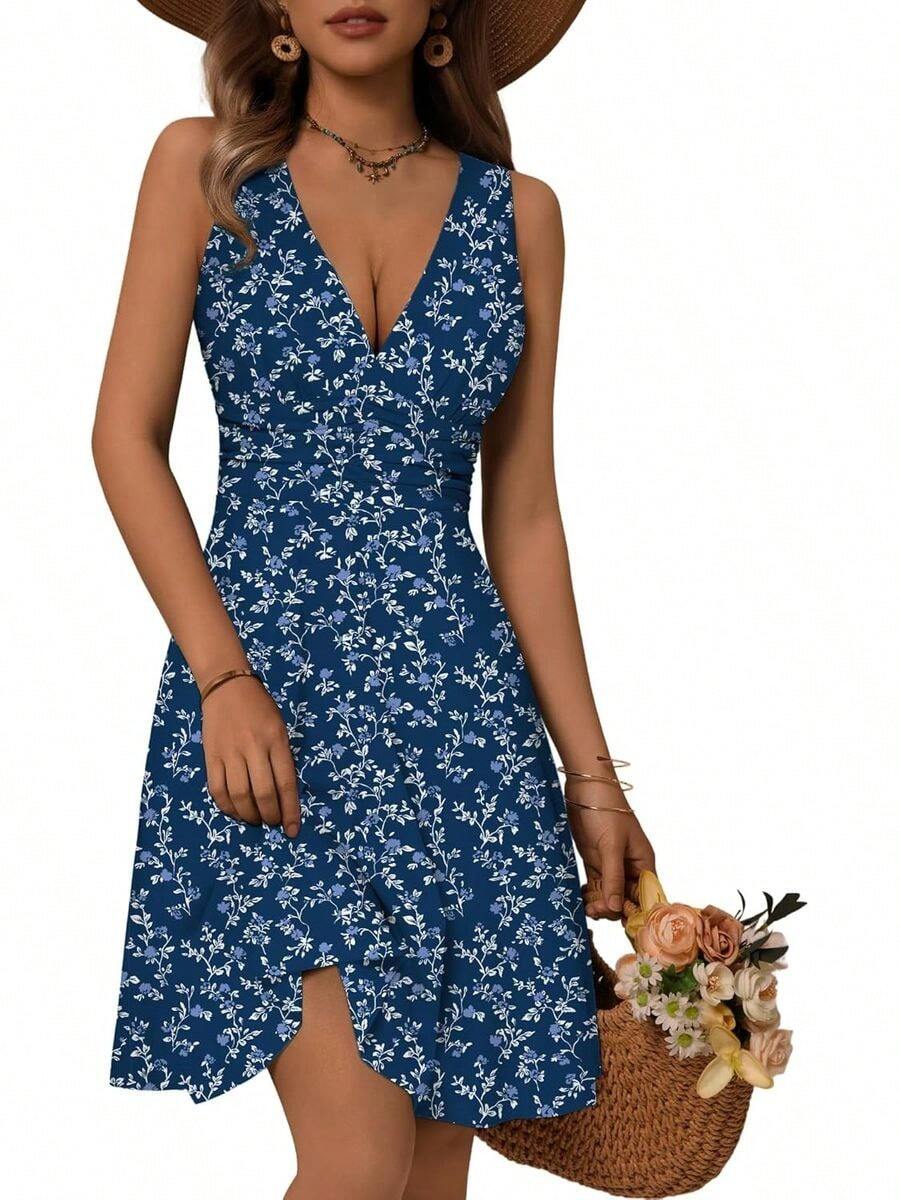 FMMX OURIN Women's Spring Deep V Neck Sleeveless Floral Sundresses With ...